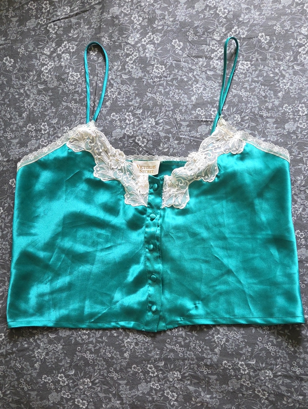 Vintage 90's VS Green Satin Button-Front Camisole with Ivory Lace & Pearl Detail